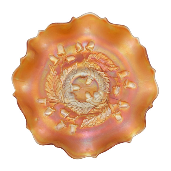 Fenton Other - 1920s Fenton Acorn Marigold Carnival Glass Footed Bowl w Crimped Rim Pattern 834